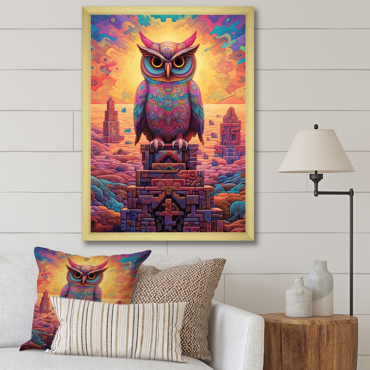 Designart "Portrait Of Purple Shamanic Owl Mexican Dessert I" Animals Owl Framed Wall Art Living Room