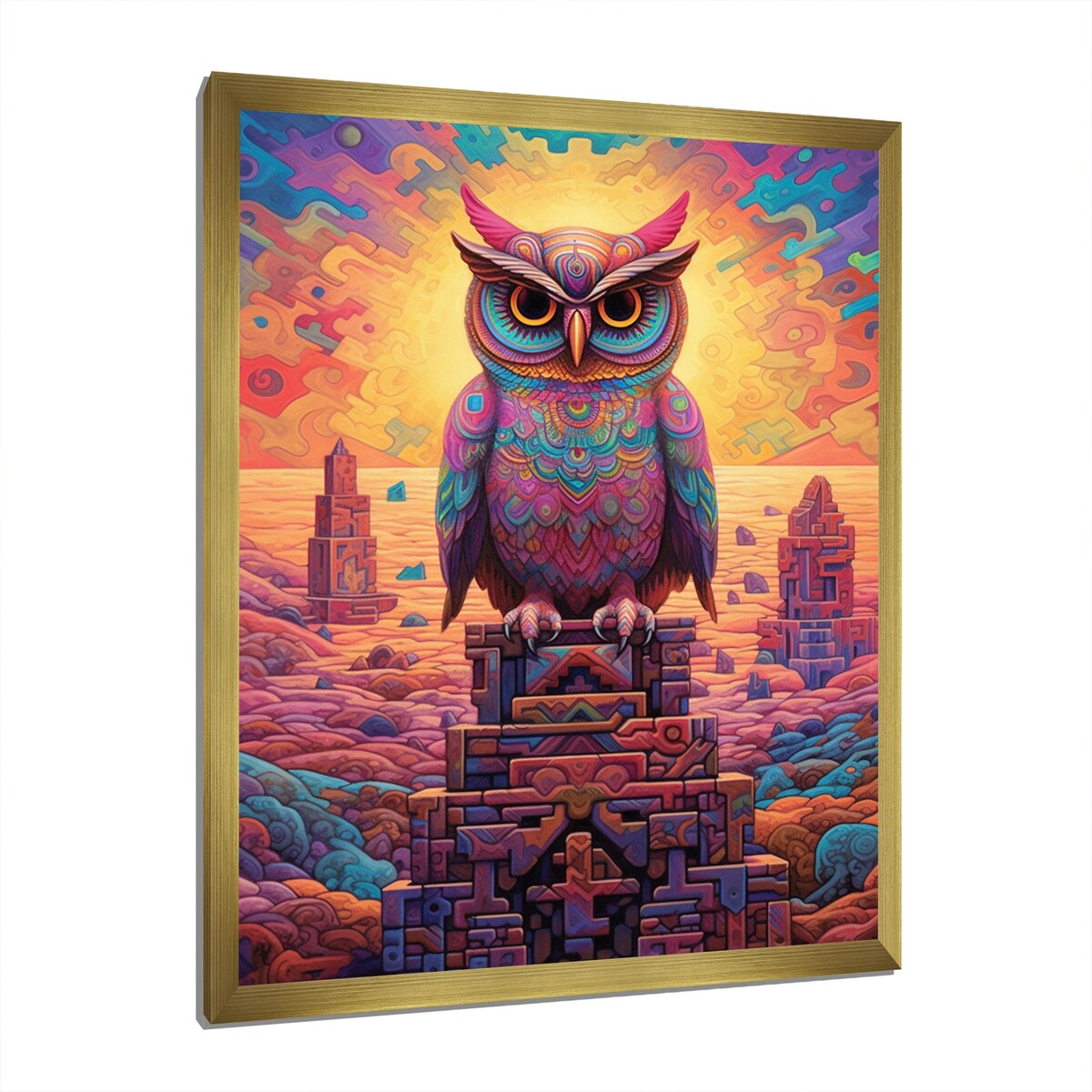 Designart "Portrait Of Purple Shamanic Owl Mexican Dessert I" Animals Owl Framed Wall Art Living Room