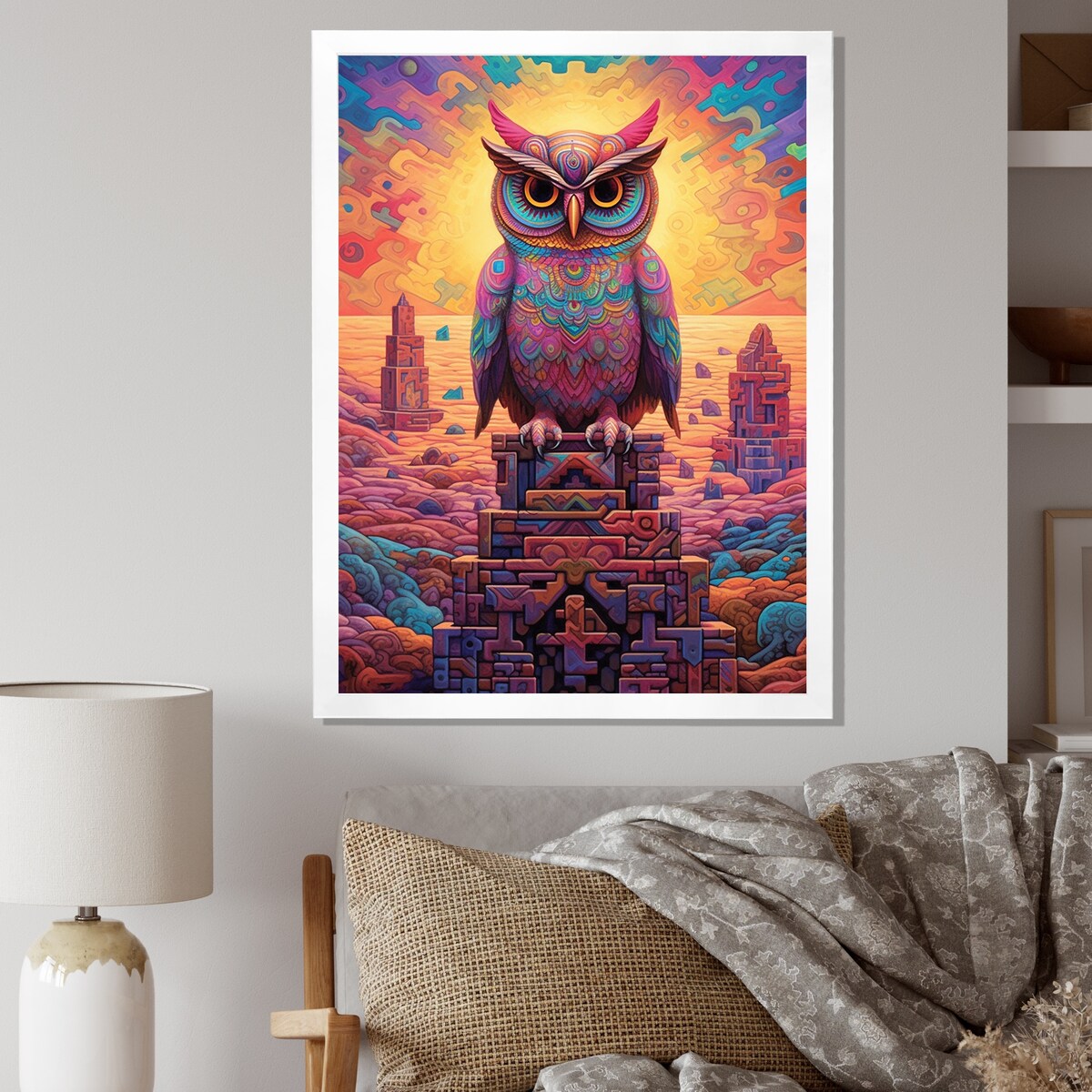 Designart "Portrait Of Purple Shamanic Owl Mexican Dessert I" Animals Owl Framed Wall Art Living Room