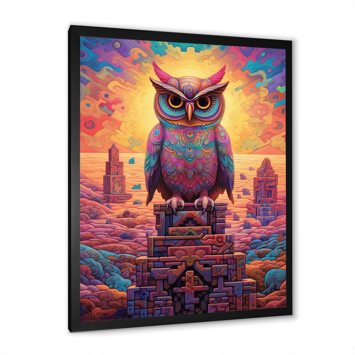 Designart "Portrait Of Purple Shamanic Owl Mexican Dessert I" Animals Owl Framed Wall Art Living Room