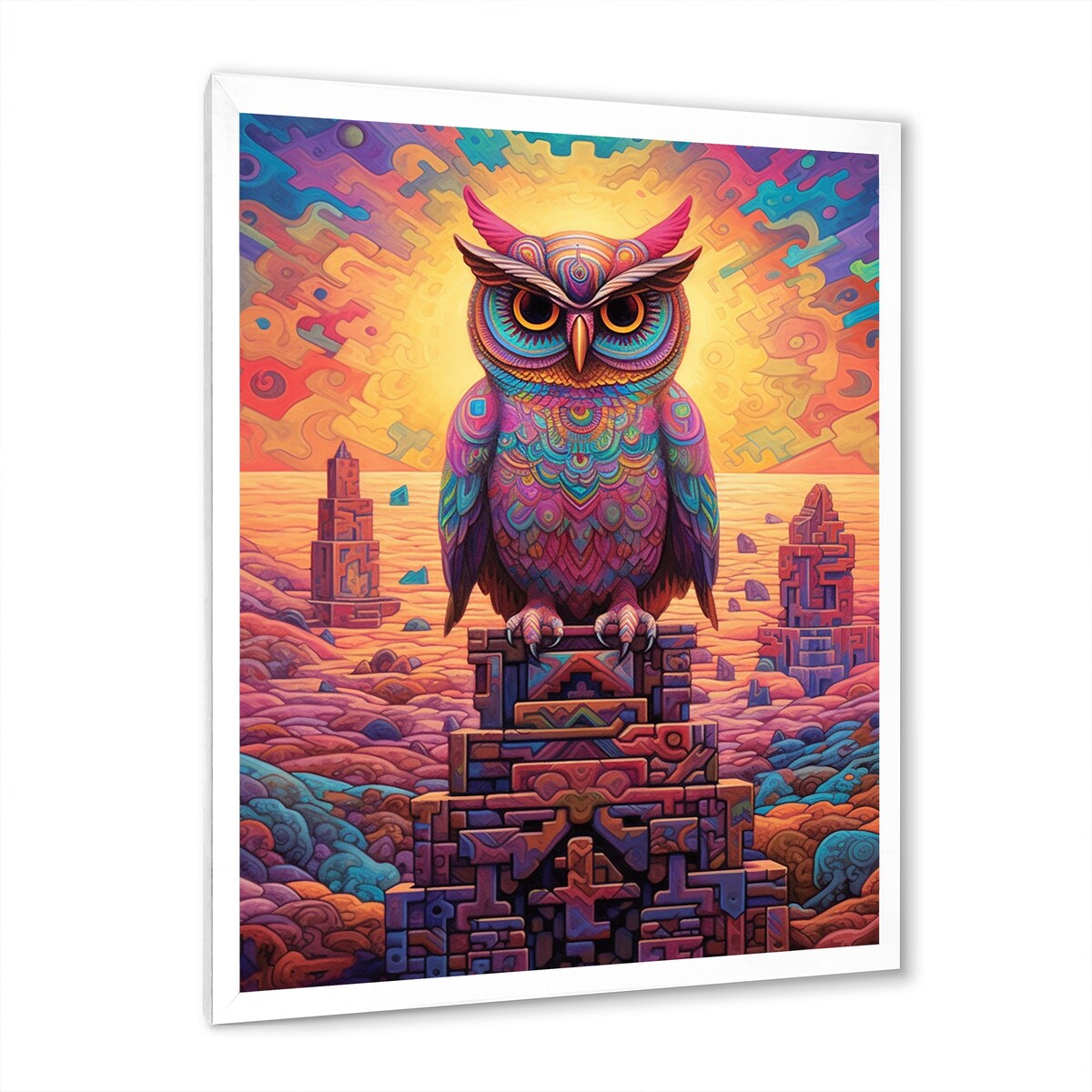 Designart "Portrait Of Purple Shamanic Owl Mexican Dessert I" Animals Owl Framed Wall Art Living Room