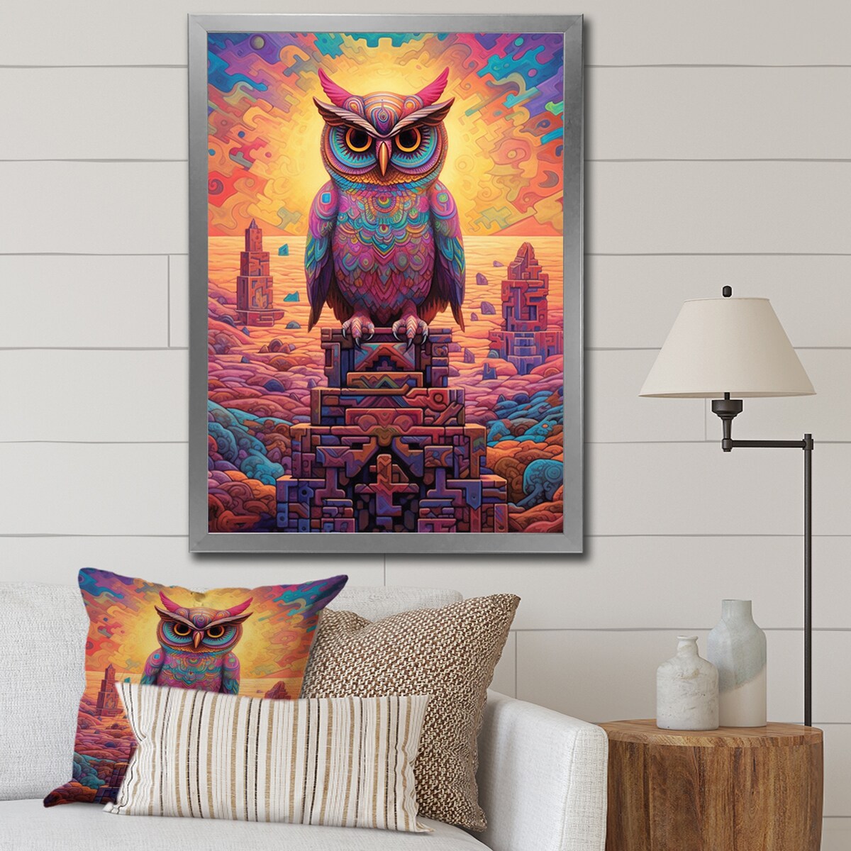 Designart "Portrait Of Purple Shamanic Owl Mexican Dessert I" Animals Owl Framed Wall Art Living Room