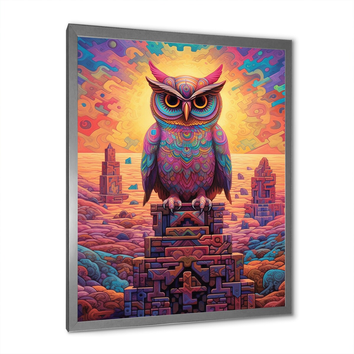Designart "Portrait Of Purple Shamanic Owl Mexican Dessert I" Animals Owl Framed Wall Art Living Room