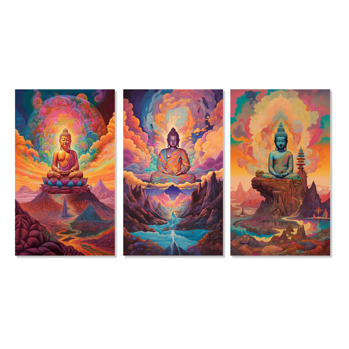 Designart "Psychedelic Buddha in The Mountains IV" Buddhism Wall Art Set Of 3 - Traditional Gallery Set For Office Decor