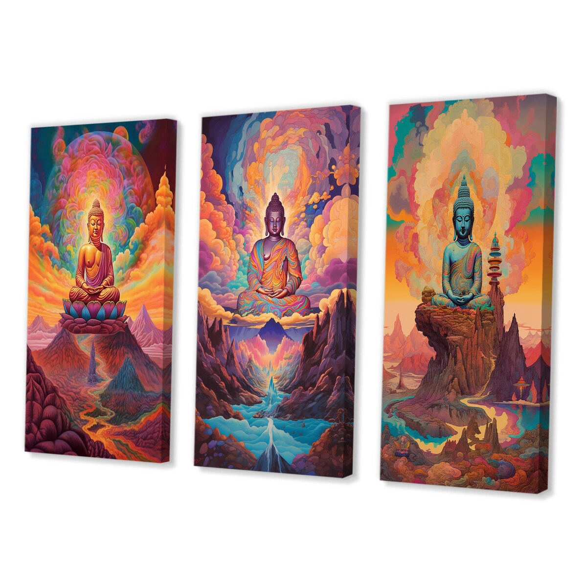 Designart "Psychedelic Buddha in The Mountains IV" Buddhism Wall Art Set Of 3 - Traditional Gallery Set For Office Decor