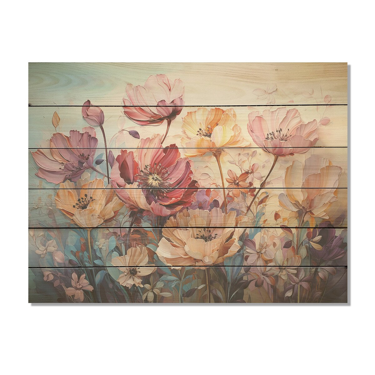 Designart "Purple And Yellow Tulips Harmony" Flower Field Wood Wall Art - Traditional Wood Panel On Natural Pine Wood