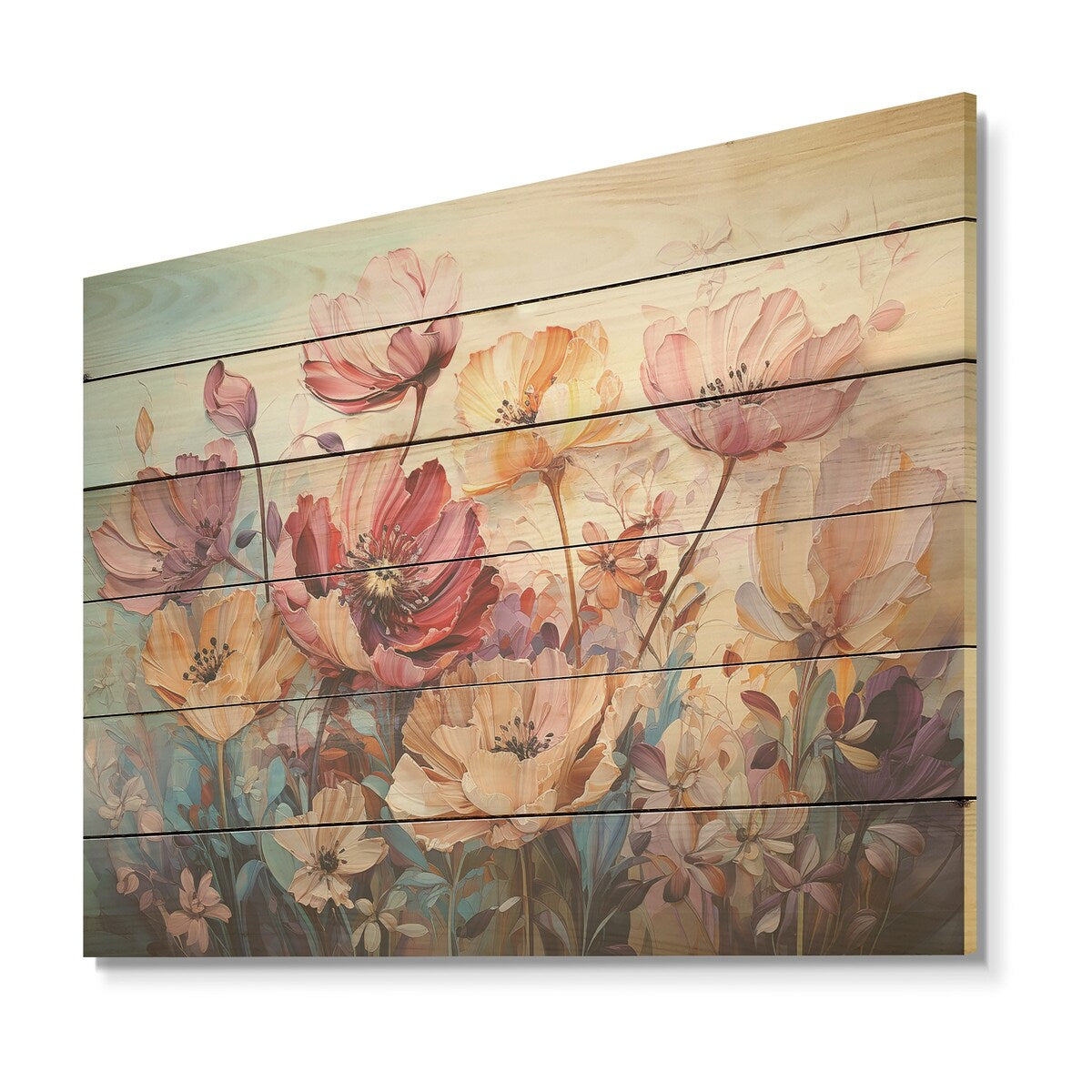 Designart "Purple And Yellow Tulips Harmony" Flower Field Wood Wall Art - Traditional Wood Panel On Natural Pine Wood