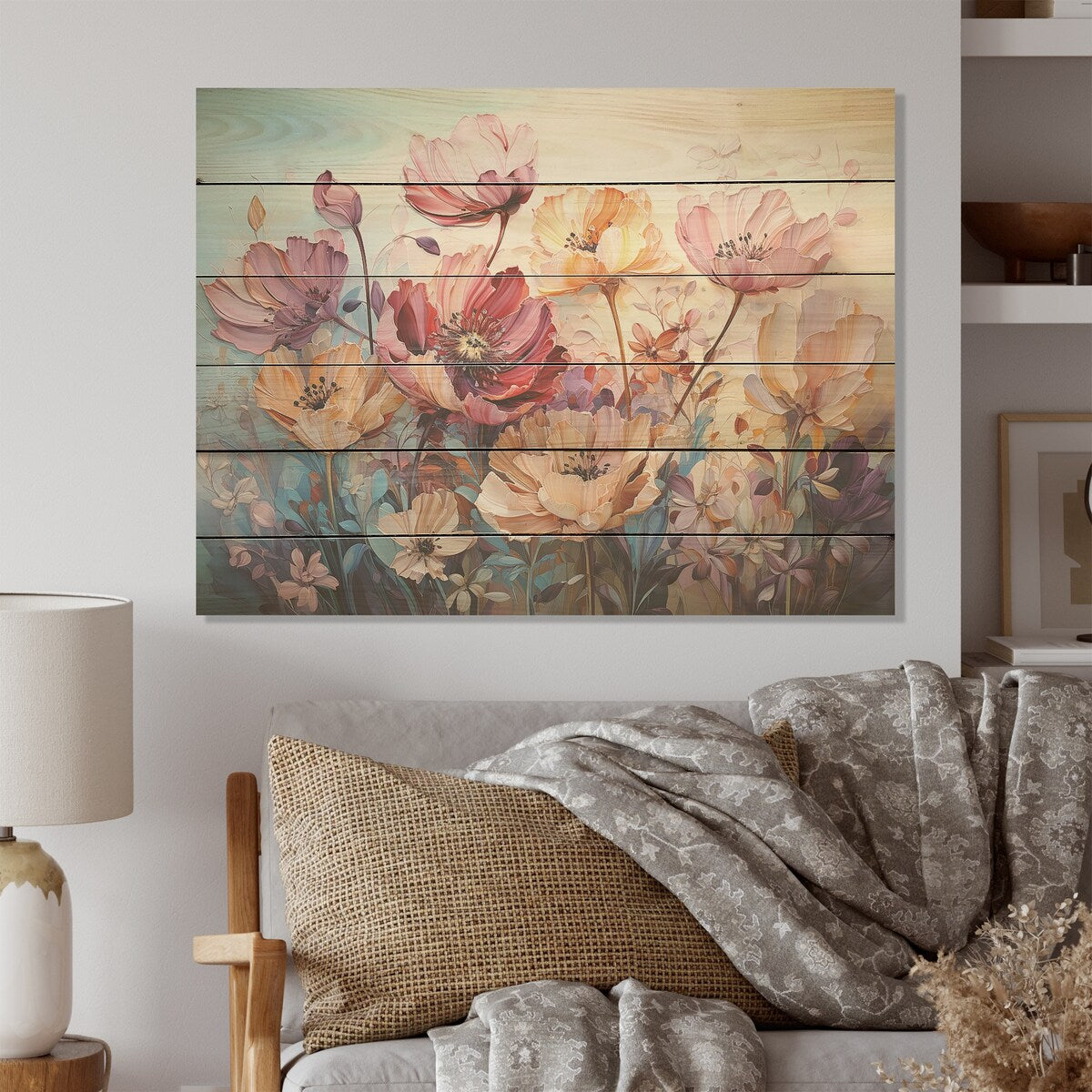 Designart "Purple And Yellow Tulips Harmony" Flower Field Wood Wall Art - Traditional Wood Panel On Natural Pine Wood