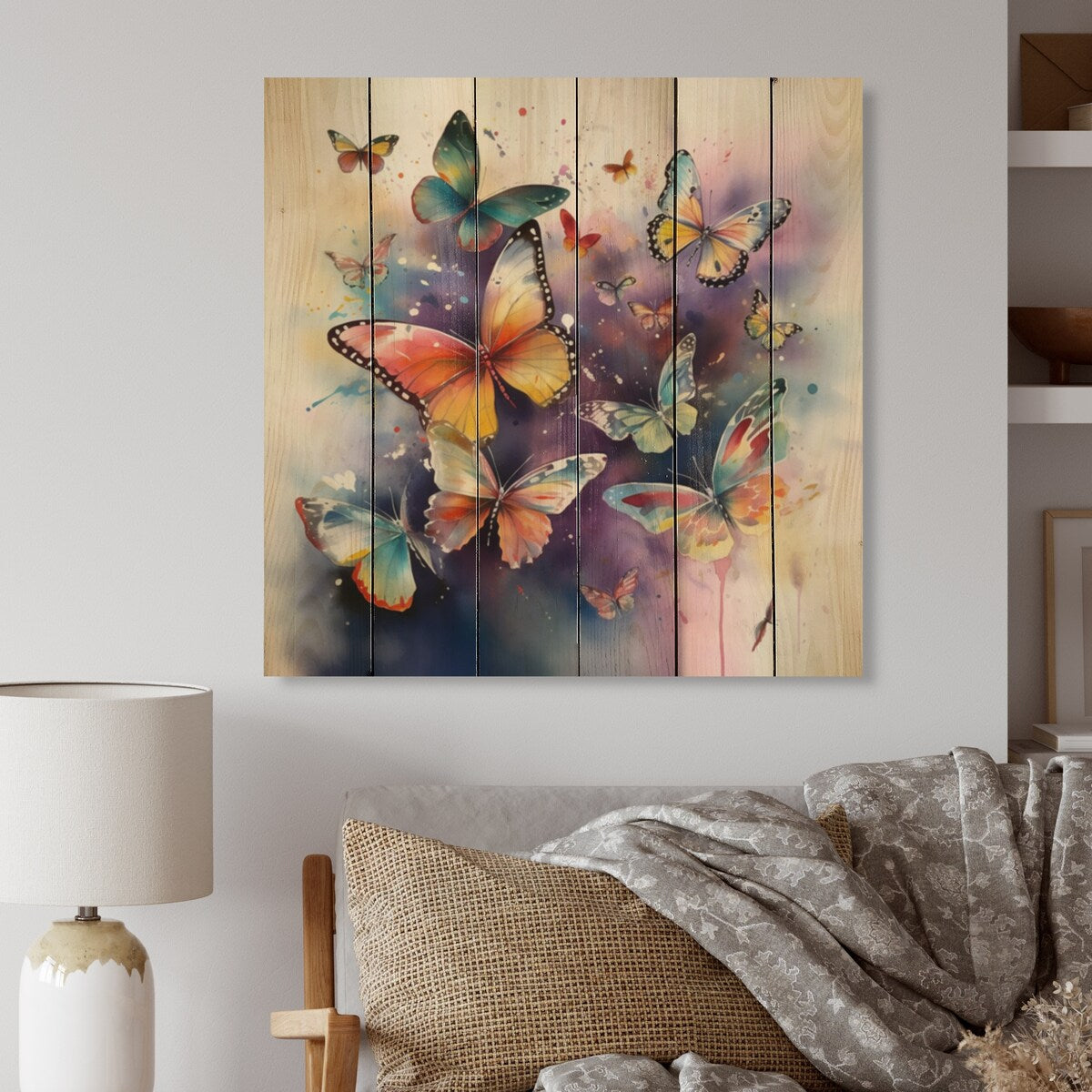 Designart "Purple Butterflies In The Air" Animals Butterfly Print on Natural Pine Wood