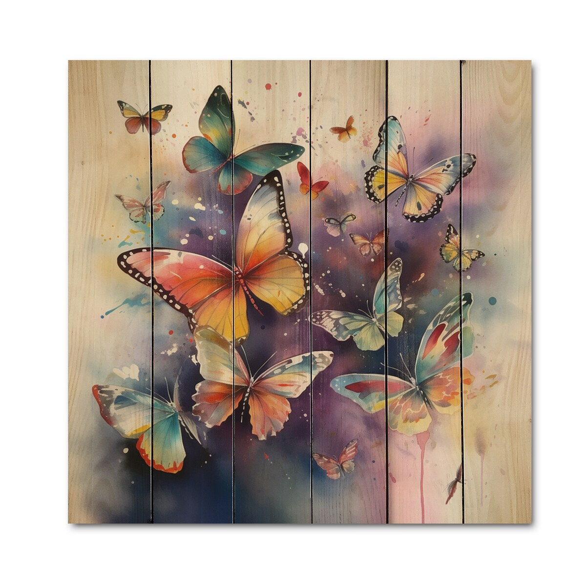Designart "Purple Butterflies In The Air" Animals Butterfly Print on Natural Pine Wood