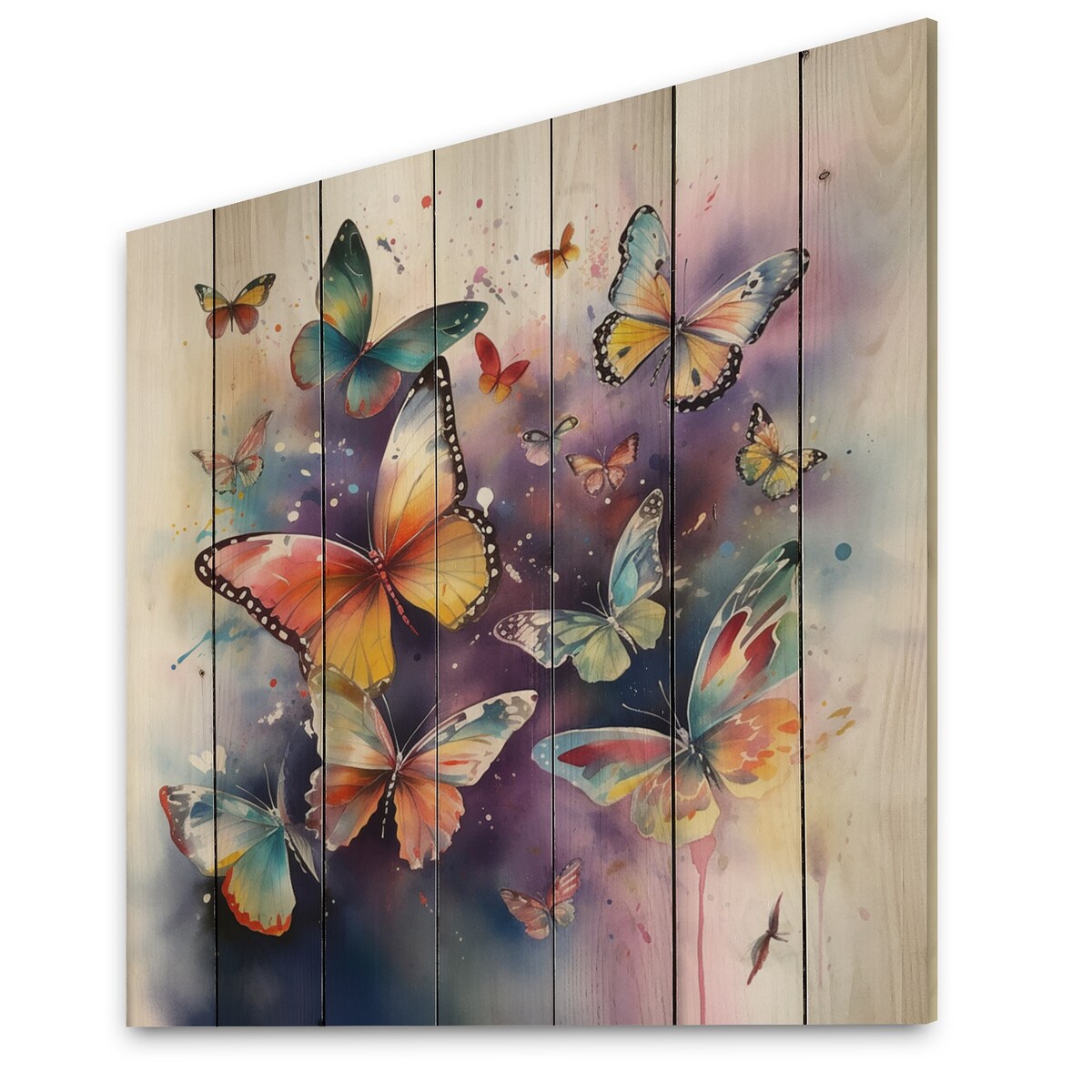 Designart "Purple Butterflies In The Air" Animals Butterfly Print on Natural Pine Wood