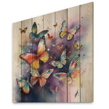 Designart "Purple Butterflies In The Air" Animals Butterfly Print on Natural Pine Wood