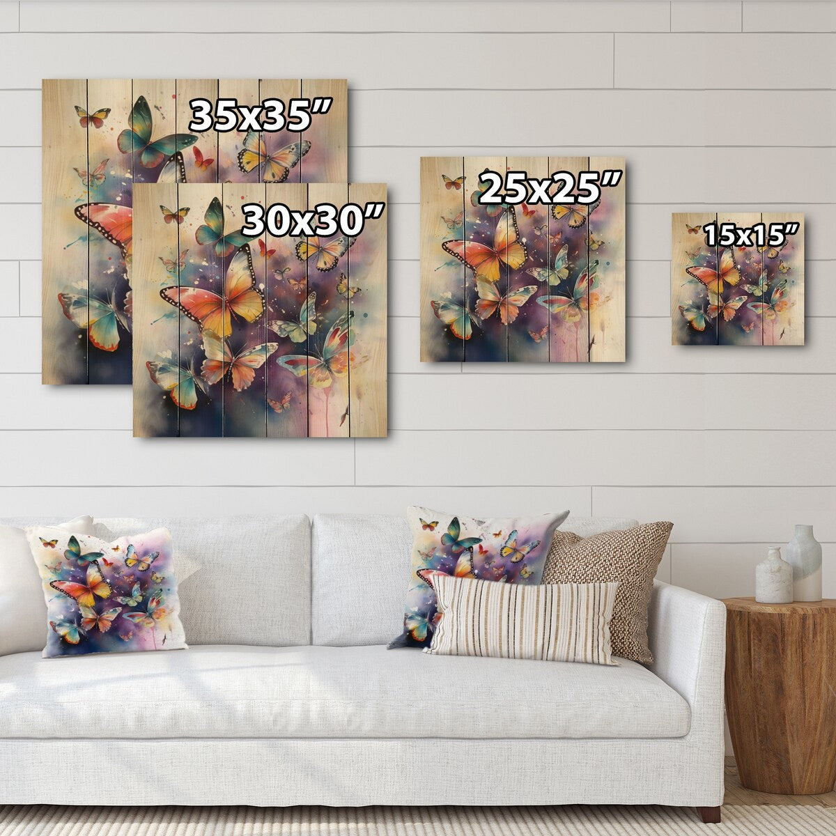 Designart "Purple Butterflies In The Air" Animals Butterfly Print on Natural Pine Wood