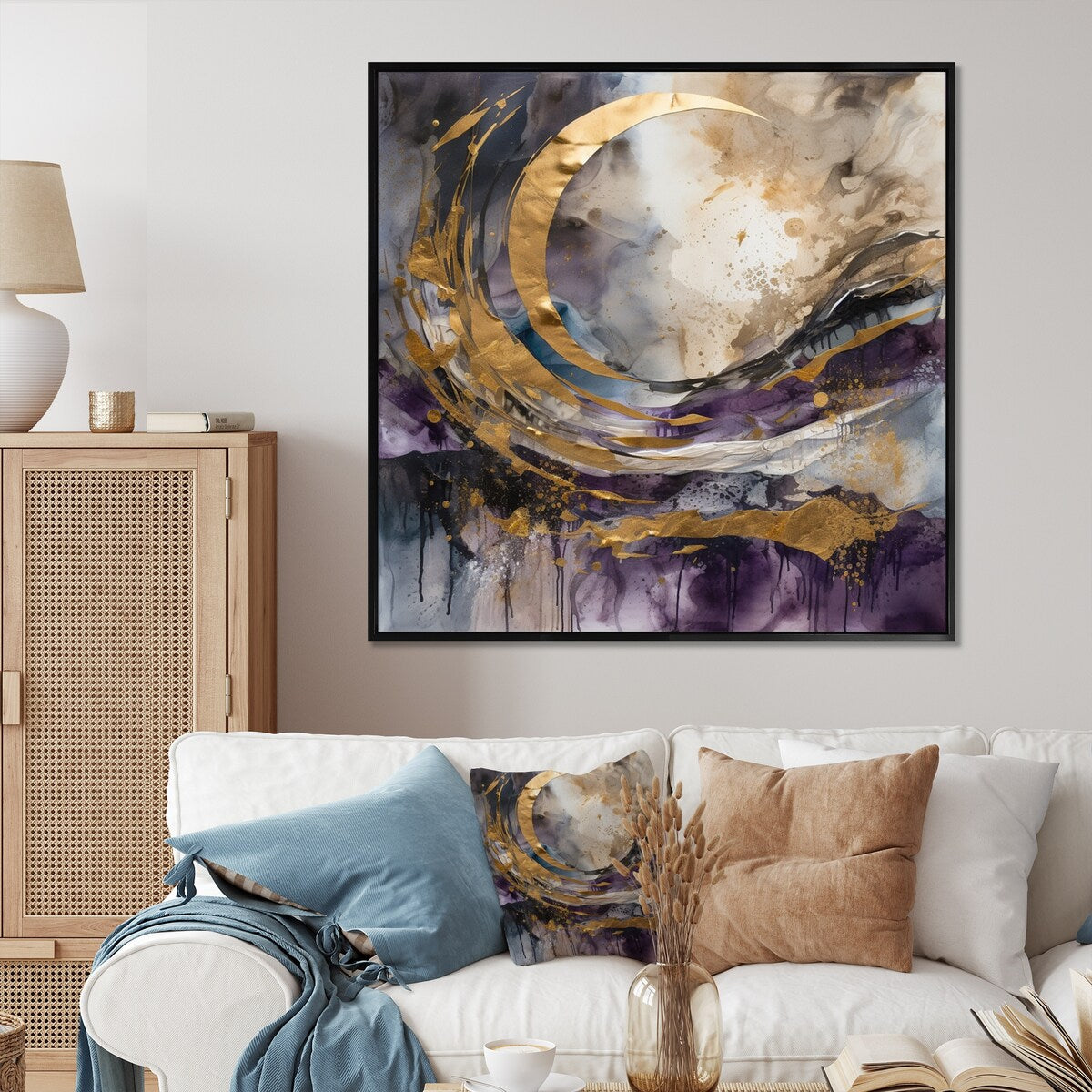 Designart "Purple Gold Captivating Liquid Ink" Abstract Marble Framed Canvas Art Print