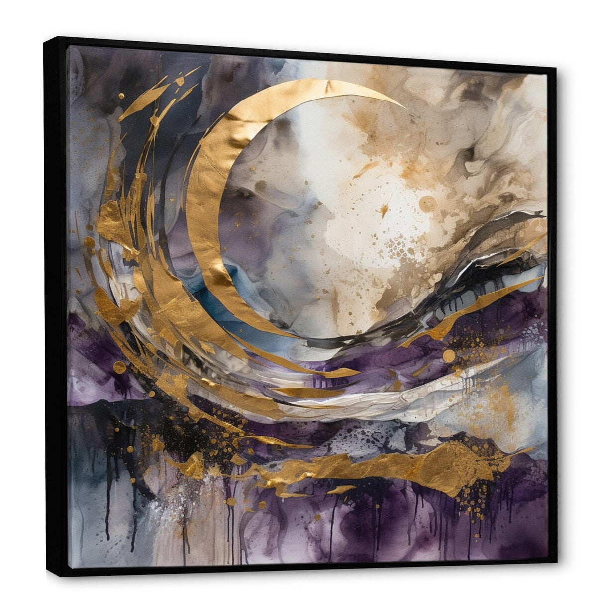 Designart "Purple Gold Captivating Liquid Ink" Abstract Marble Framed Canvas Art Print