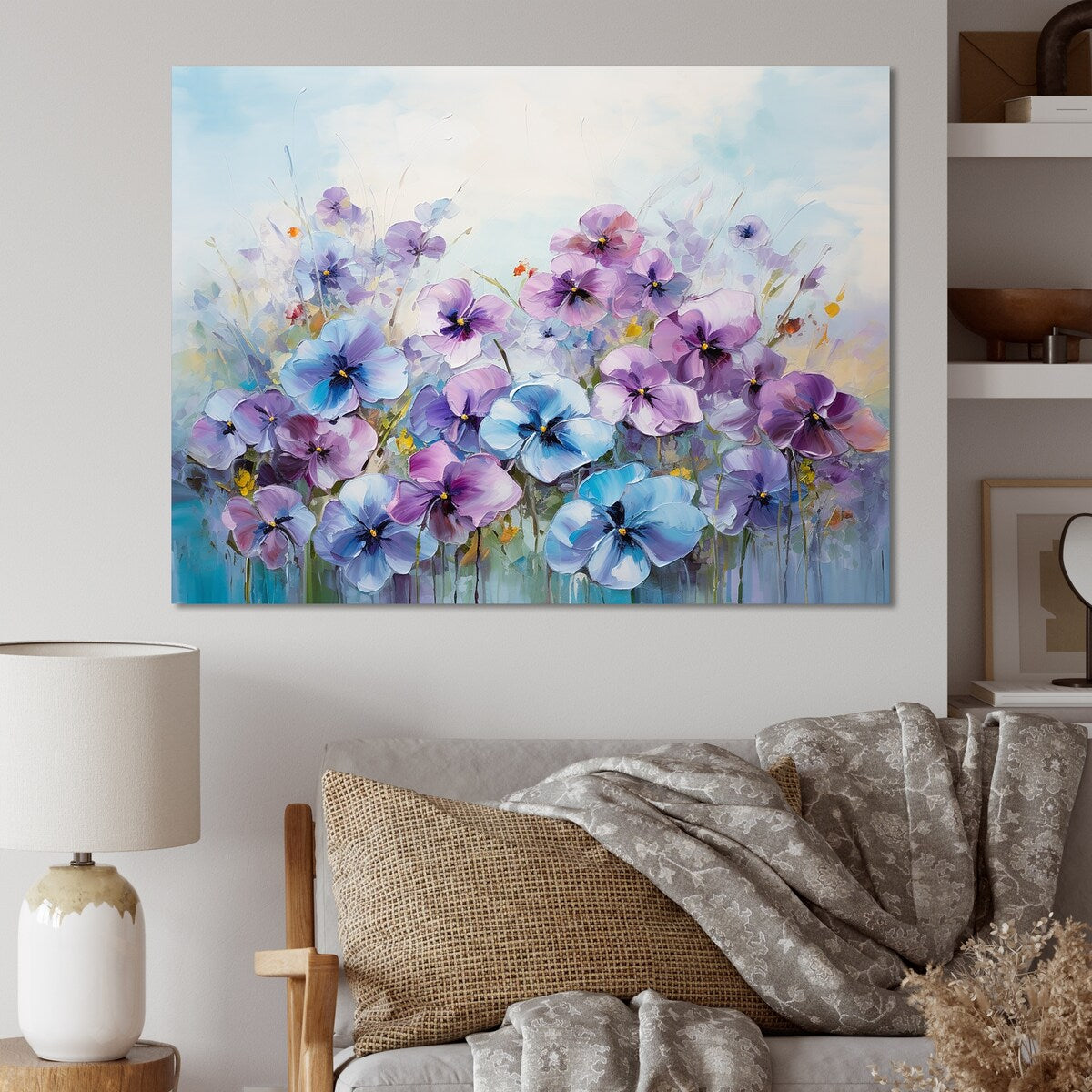 Designart "Purple Pansies Blooming Field I" Flower Field Wall Art