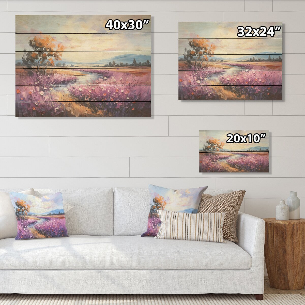 Designart "Purple Tulips Field By The River" Flower Field Wood Wall Art - Traditional Wood Panel On Natural Pine Wood