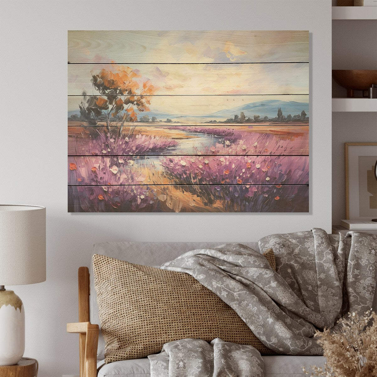 Designart "Purple Tulips Field By The River" Flower Field Wood Wall Art - Traditional Wood Panel On Natural Pine Wood
