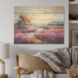 Designart "Purple Tulips Field By The River" Flower Field Wood Wall Art - Traditional Wood Panel On Natural Pine Wood