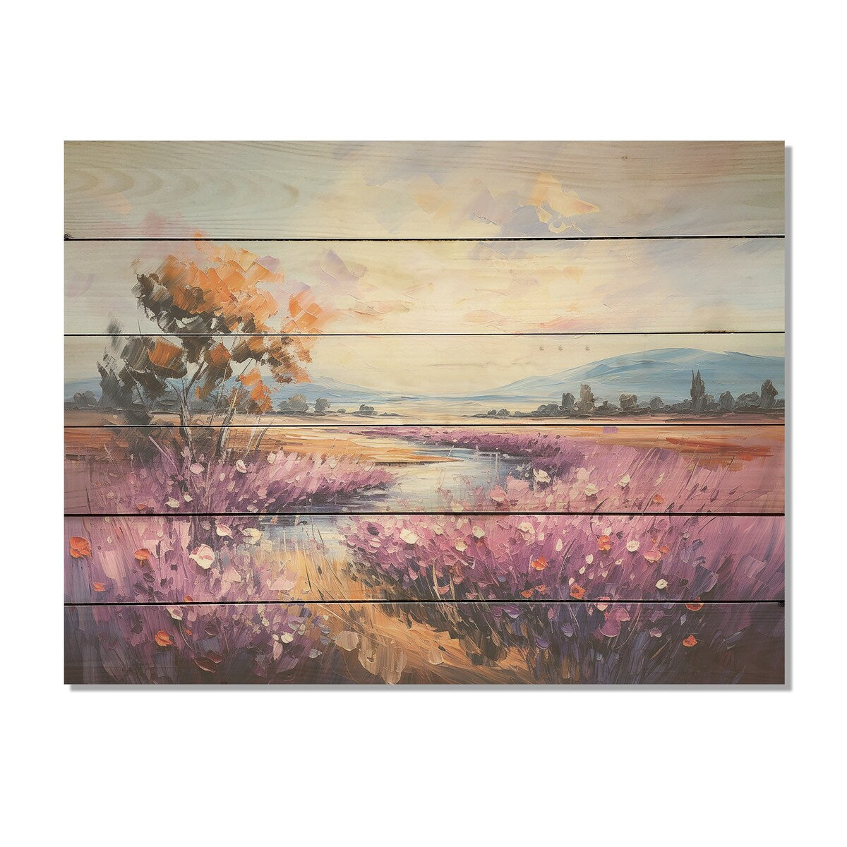 Designart "Purple Tulips Field By The River" Flower Field Wood Wall Art - Traditional Wood Panel On Natural Pine Wood