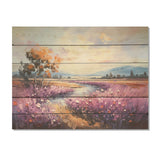Designart "Purple Tulips Field By The River" Flower Field Wood Wall Art - Traditional Wood Panel On Natural Pine Wood