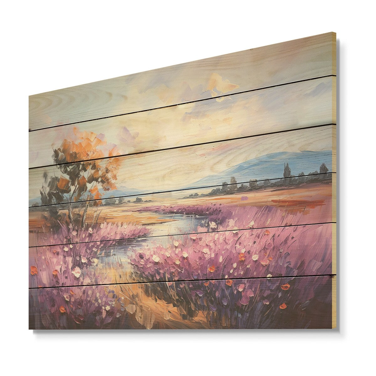 Designart "Purple Tulips Field By The River" Flower Field Wood Wall Art - Traditional Wood Panel On Natural Pine Wood