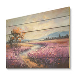 Designart "Purple Tulips Field By The River" Flower Field Wood Wall Art - Traditional Wood Panel On Natural Pine Wood