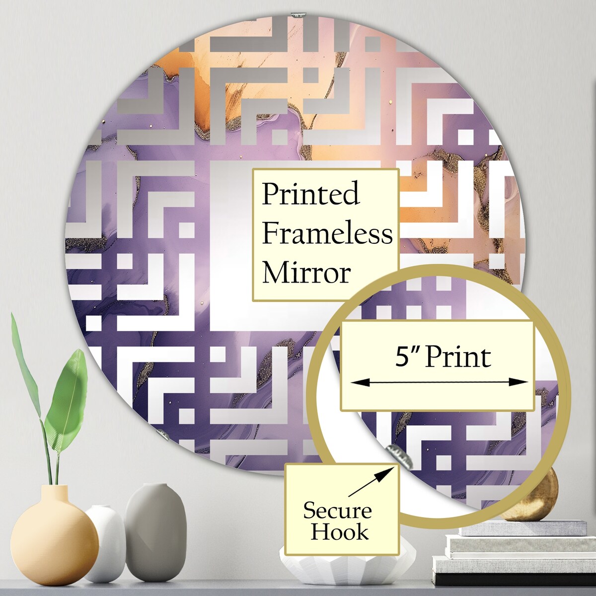 Designart "Purple and Gold Marble Ink Clouds X" Fractals Purple Wall Mirror - Modern Mirror For Wall Art Decor