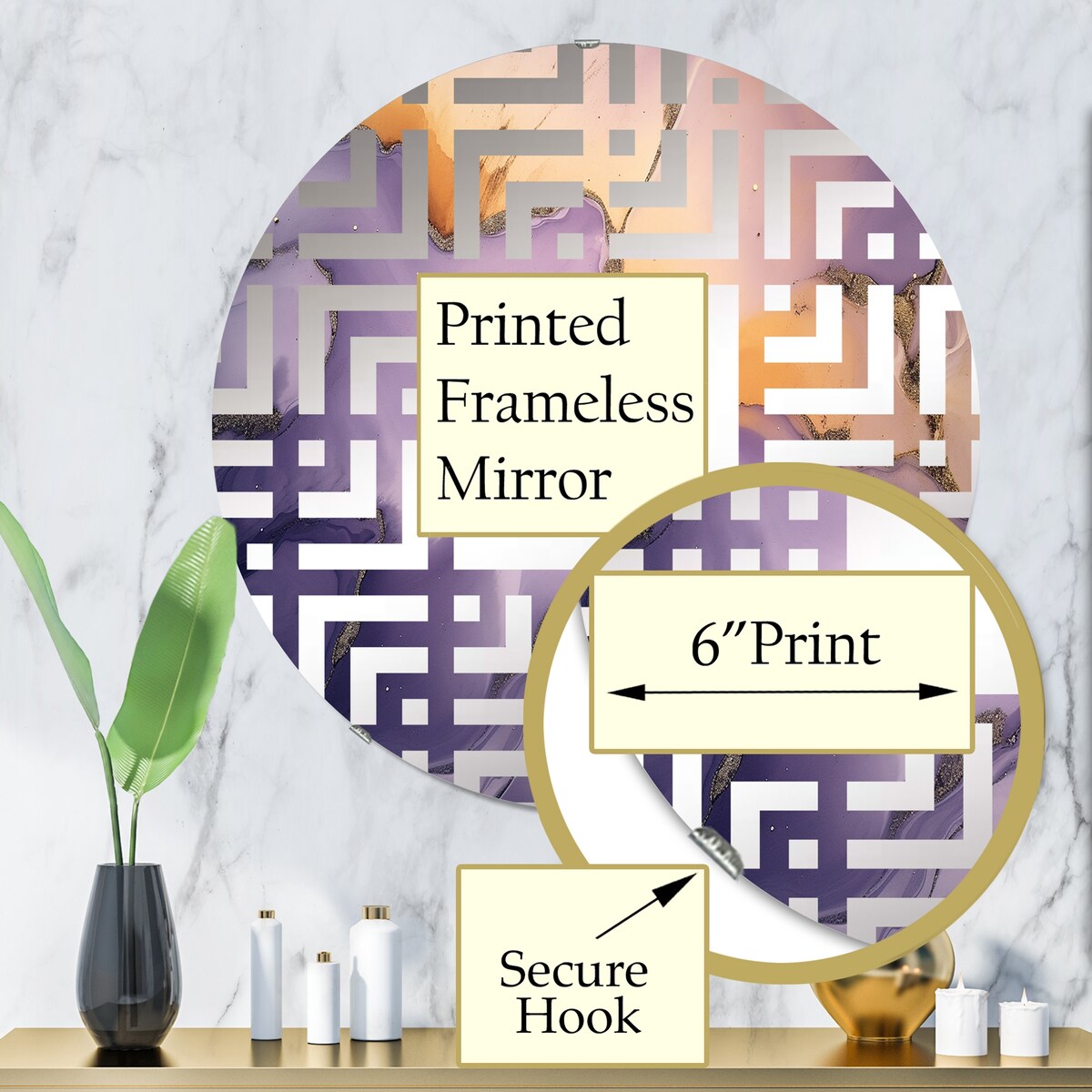 Designart "Purple and Gold Marble Ink Clouds X" Fractals Purple Wall Mirror - Modern Mirror For Wall Art Decor