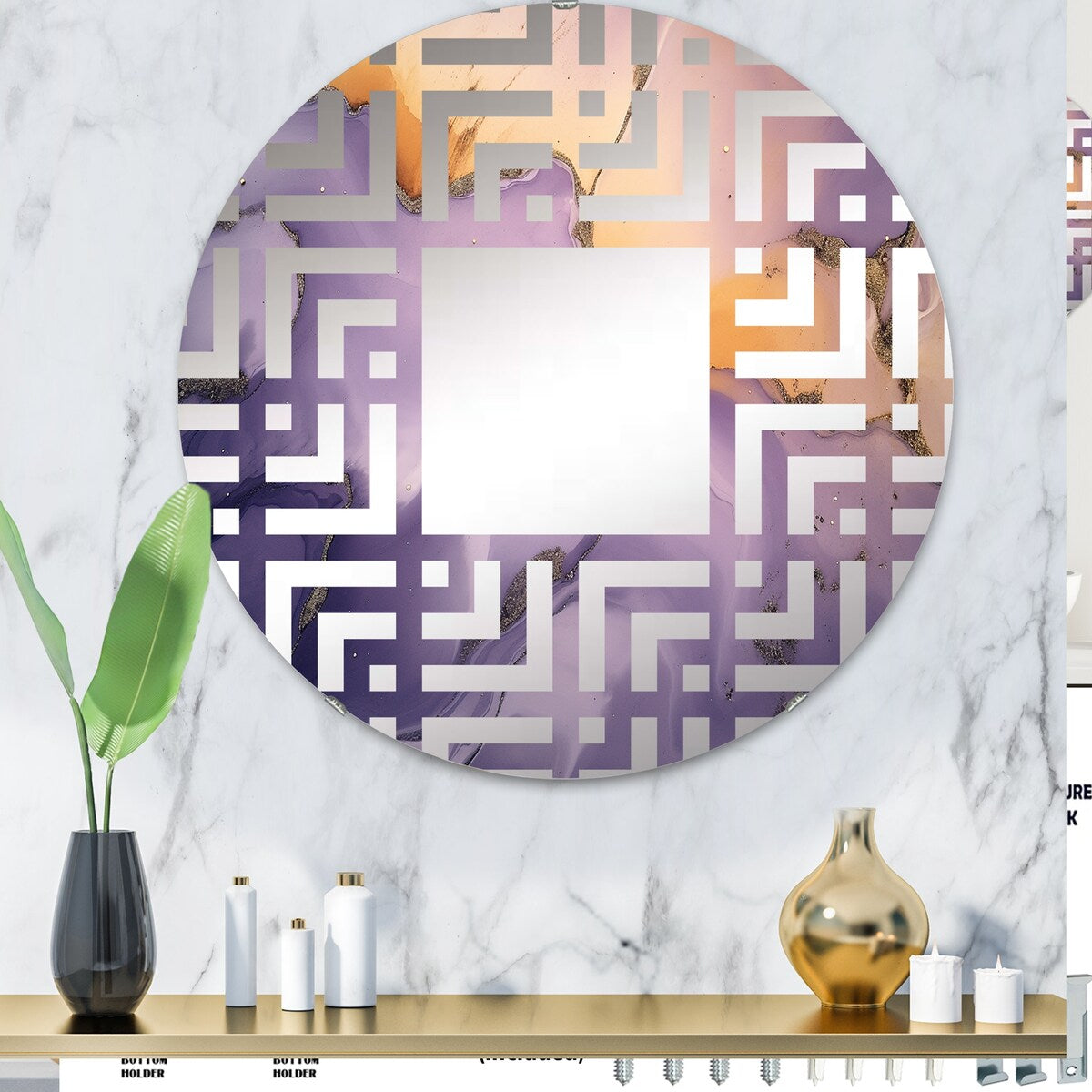 Designart "Purple and Gold Marble Ink Clouds X" Fractals Purple Wall Mirror - Modern Mirror For Wall Art Decor