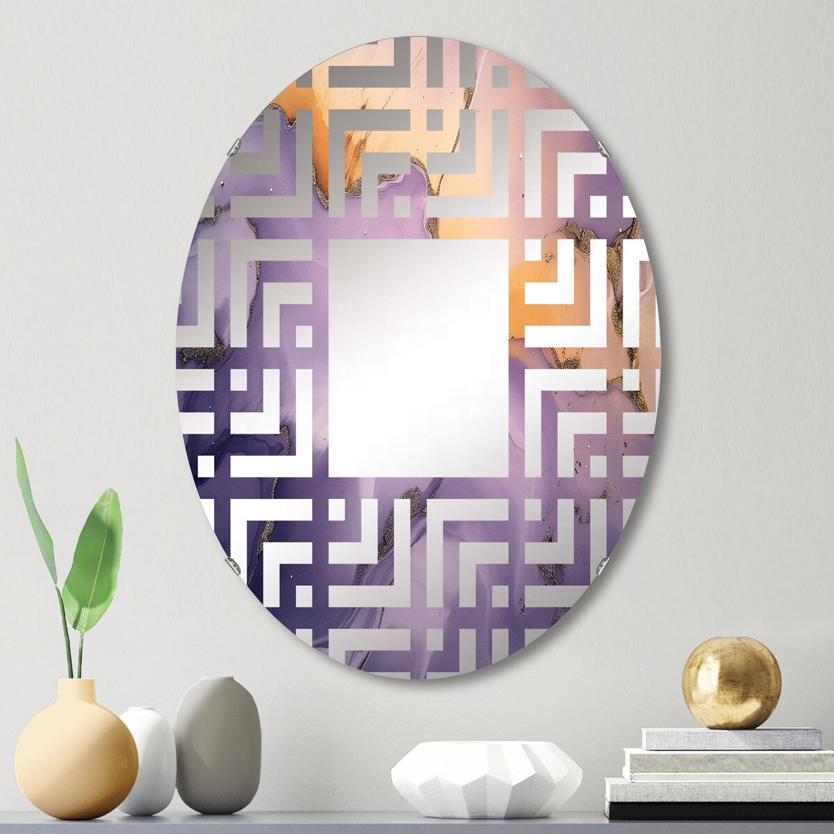 Designart "Purple and Gold Marble Ink Clouds X" Fractals Purple Wall Mirror - Modern Mirror For Wall Art Decor
