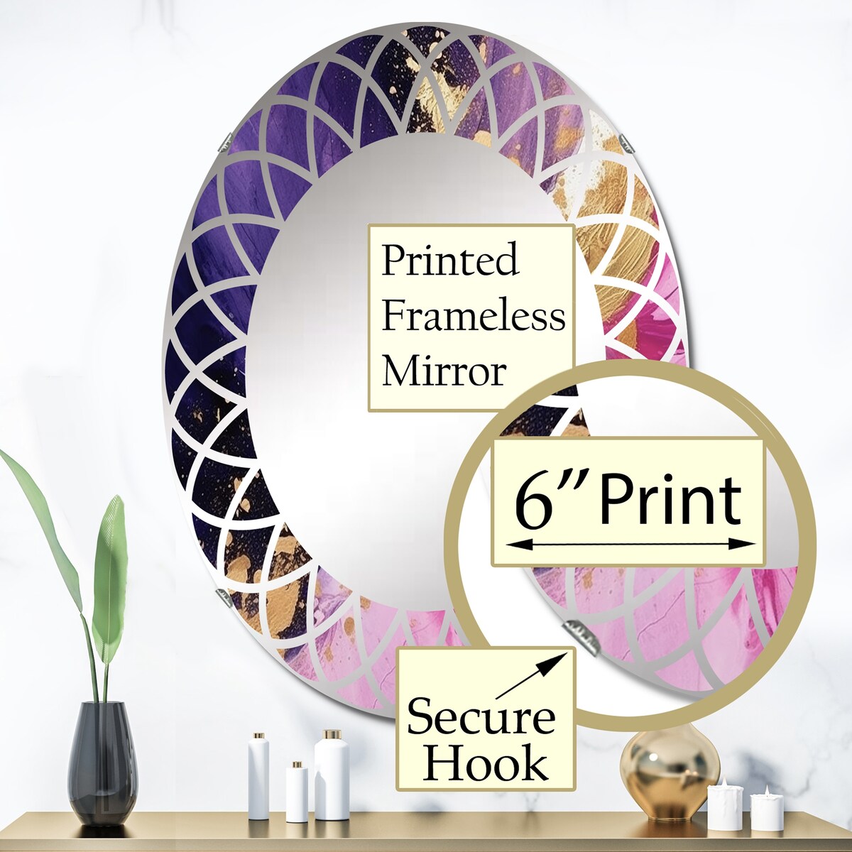 Designart "Purple and Pink Strokes IV" Fractals Modern Wall Mirror