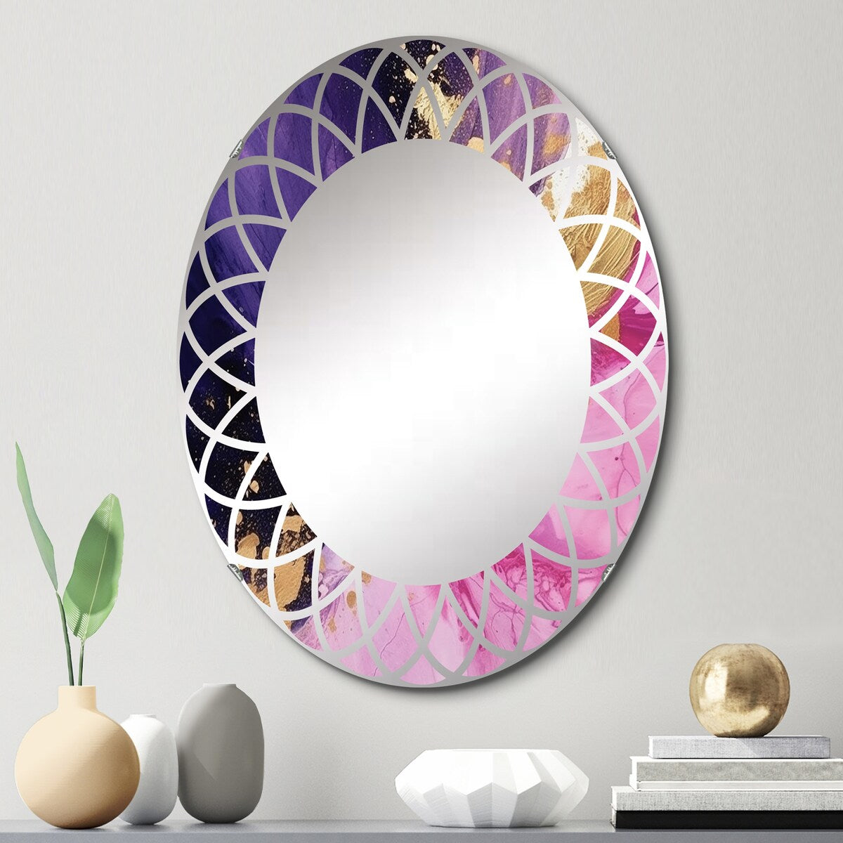 Designart "Purple and Pink Strokes IV" Fractals Modern Wall Mirror