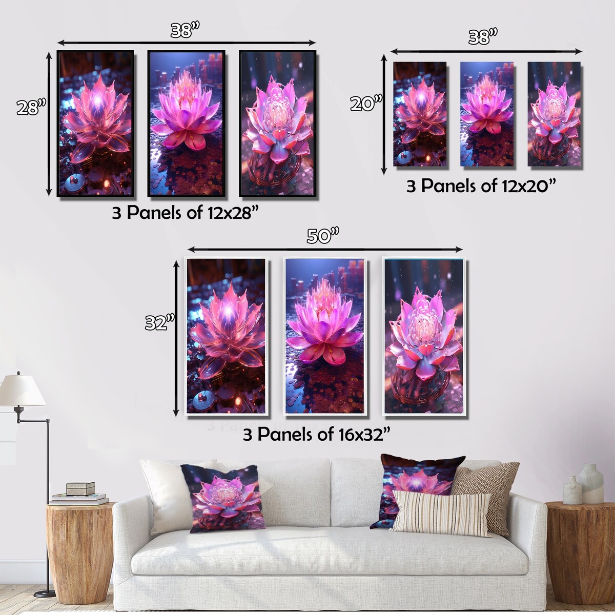 Designart "Radiant Pink Blossoming Lotus Luminescent II" Lotus Wall Art Set Of 3 Modern Gallery Wall Set For Home Decor