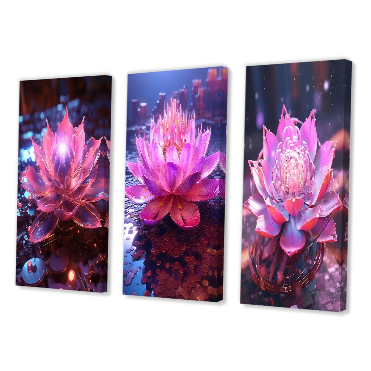 Designart "Radiant Pink Blossoming Lotus Luminescent II" Lotus Wall Art Set Of 3 Modern Gallery Wall Set For Home Decor