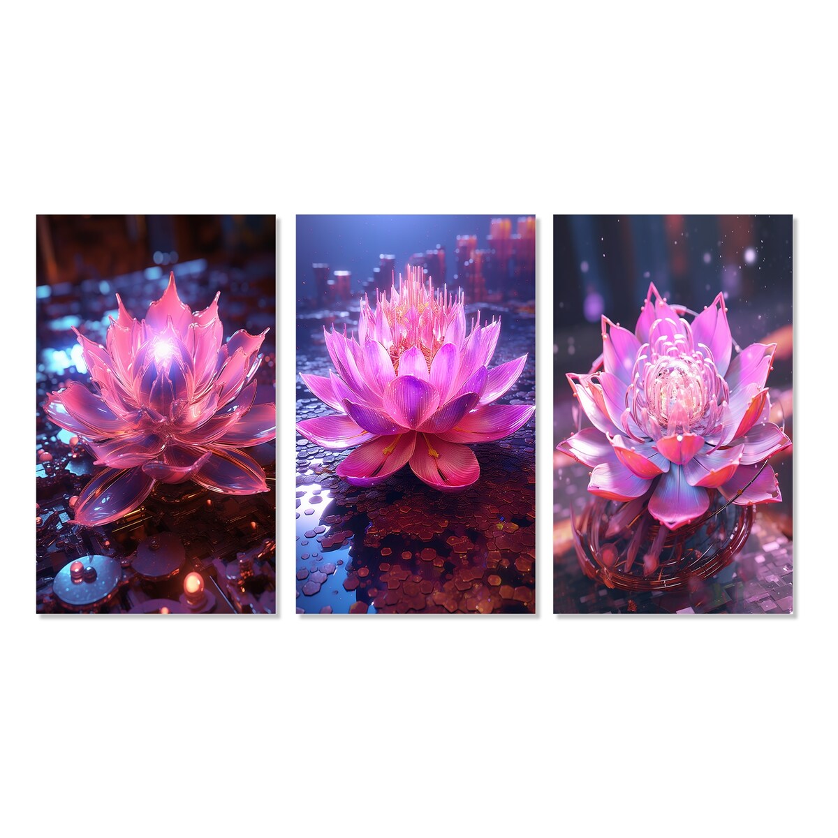 Designart "Radiant Pink Blossoming Lotus Luminescent II" Lotus Wall Art Set Of 3 Modern Gallery Wall Set For Home Decor