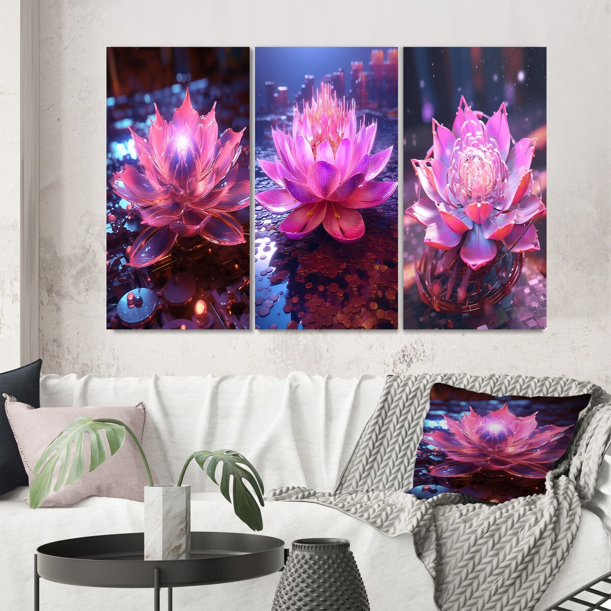 Designart "Radiant Pink Blossoming Lotus Luminescent II" Lotus Wall Art Set Of 3 Modern Gallery Wall Set For Home Decor