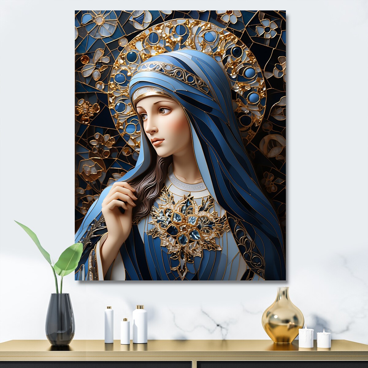 Designart "Radiant Religious Devotion Of Mary I" Christianism Wall Art Blue - Traditional Wall Art Décor For Bedroom