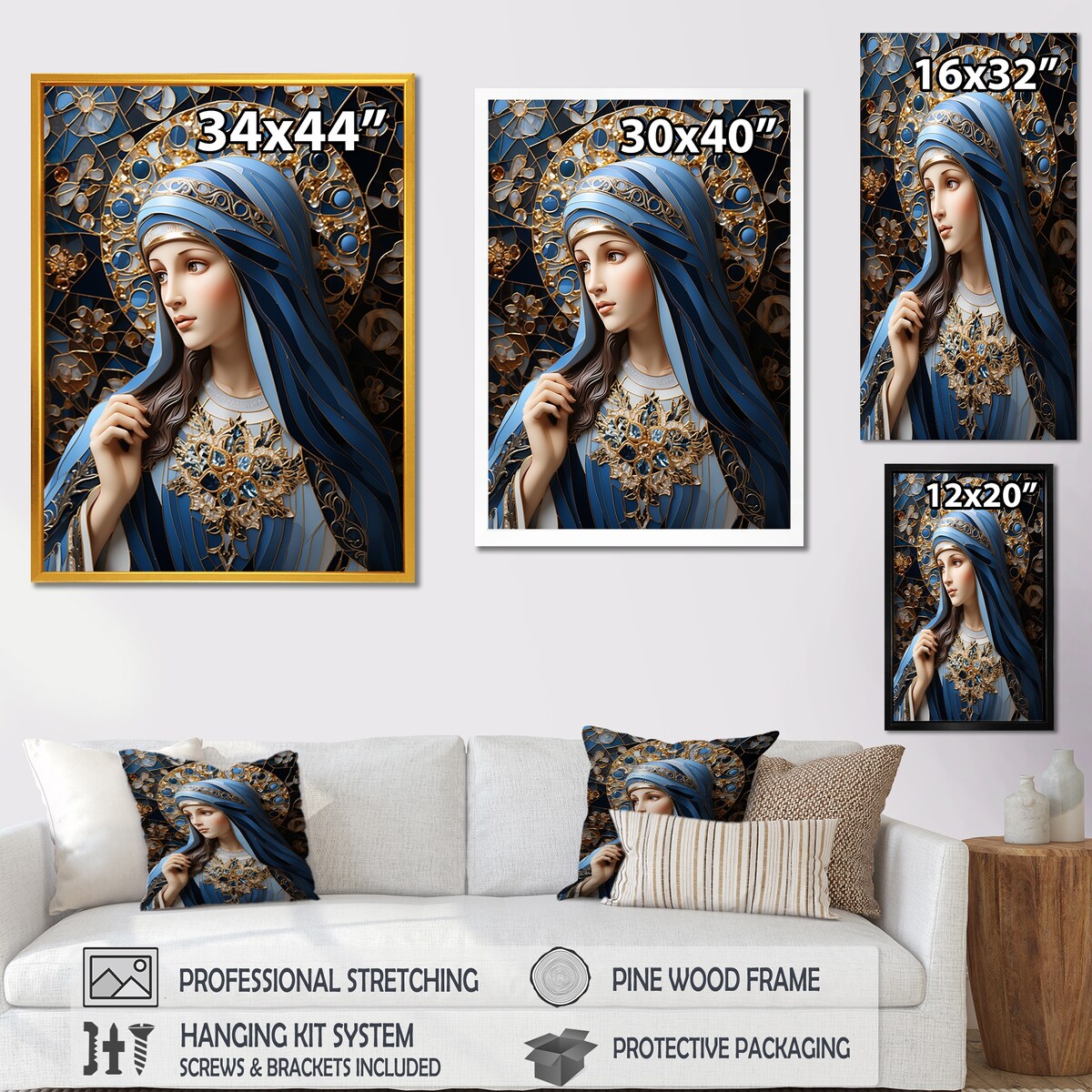 Designart "Radiant Religious Devotion Of Mary I" Christianism Wall Art Blue - Traditional Wall Art Décor For Bedroom