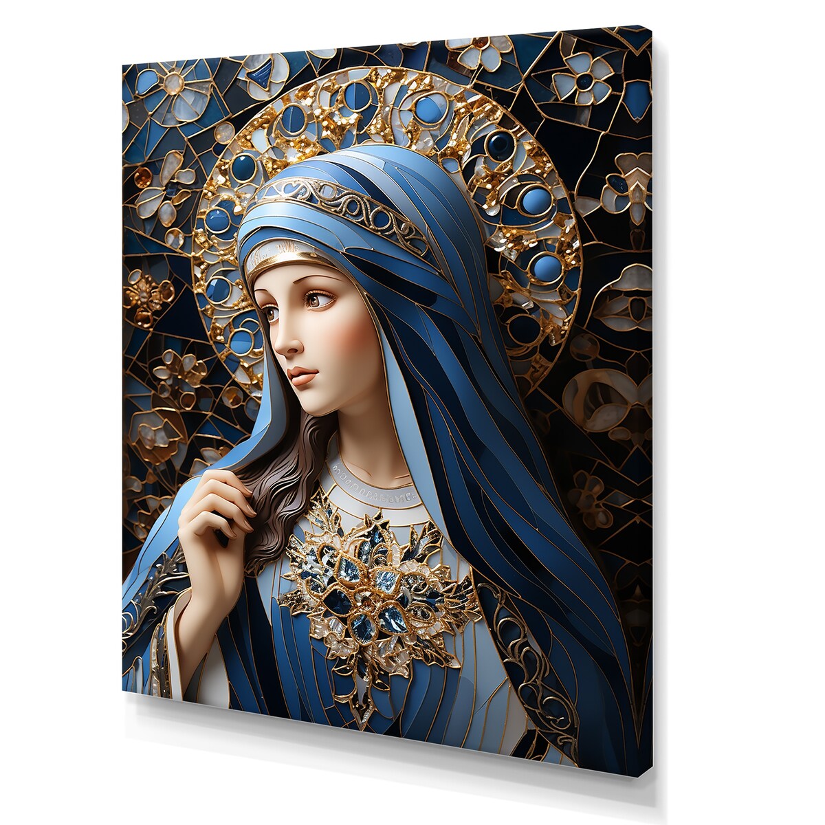 Designart "Radiant Religious Devotion Of Mary I" Christianism Wall Art Blue - Traditional Wall Art Décor For Bedroom