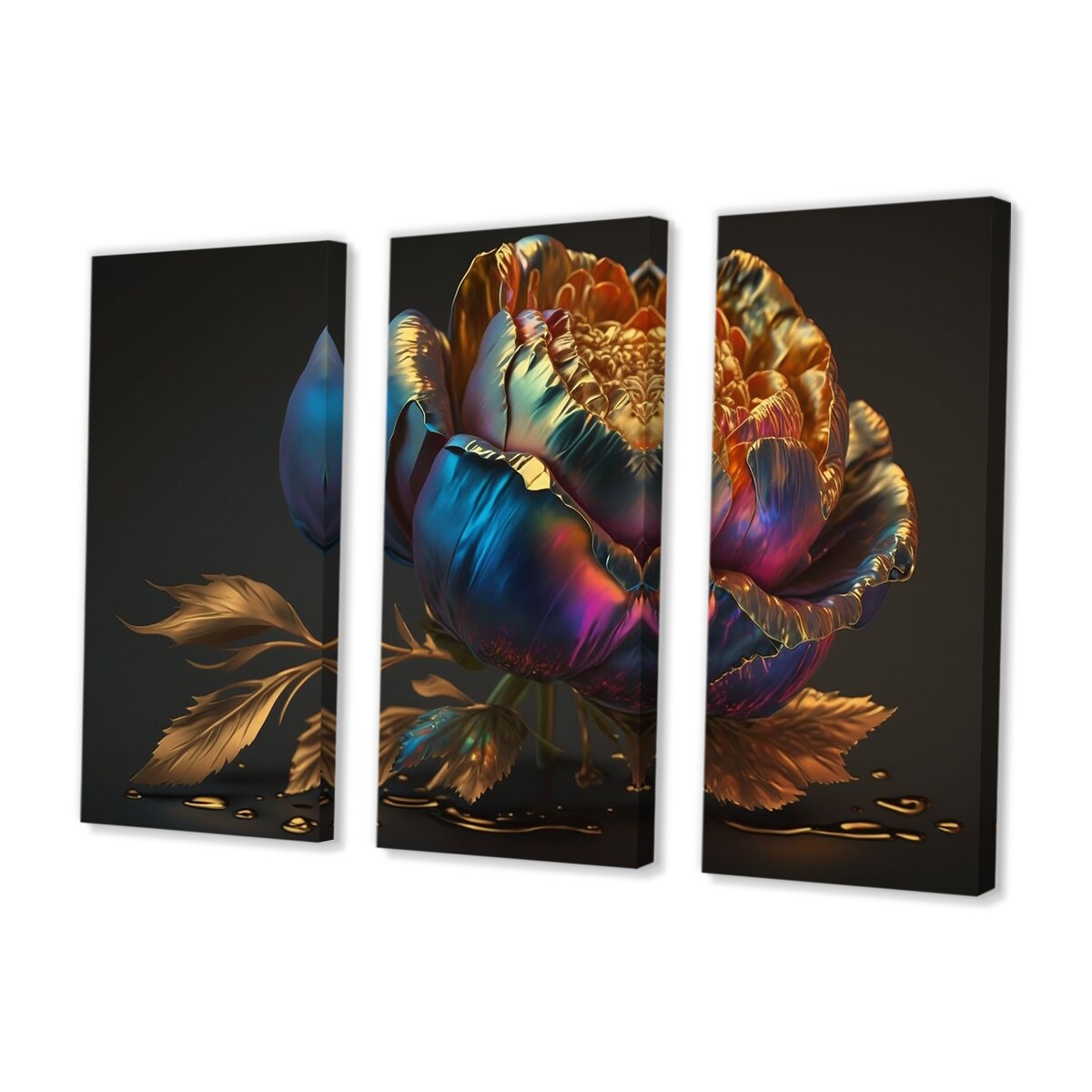 Designart "Rainbow Peony Liquid Gold III" Floral Peony Canvas Art Print - 3 Panels