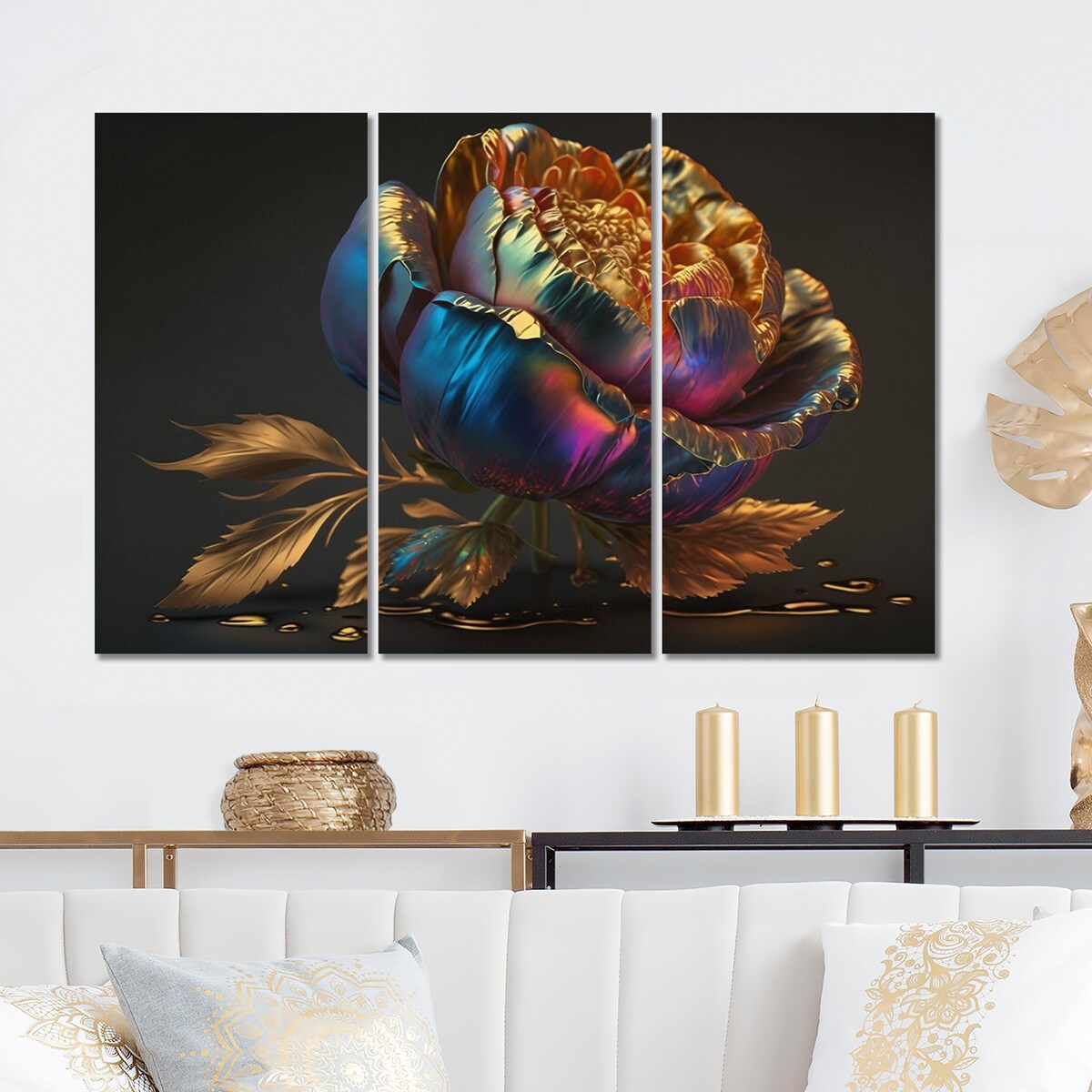 Designart "Rainbow Peony Liquid Gold III" Floral Peony Canvas Art Print - 3 Panels