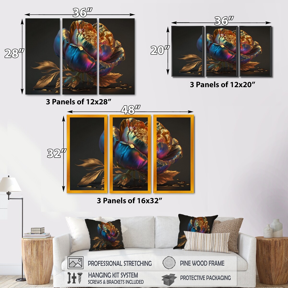 Designart "Rainbow Peony Liquid Gold III" Floral Peony Canvas Art Print - 3 Panels