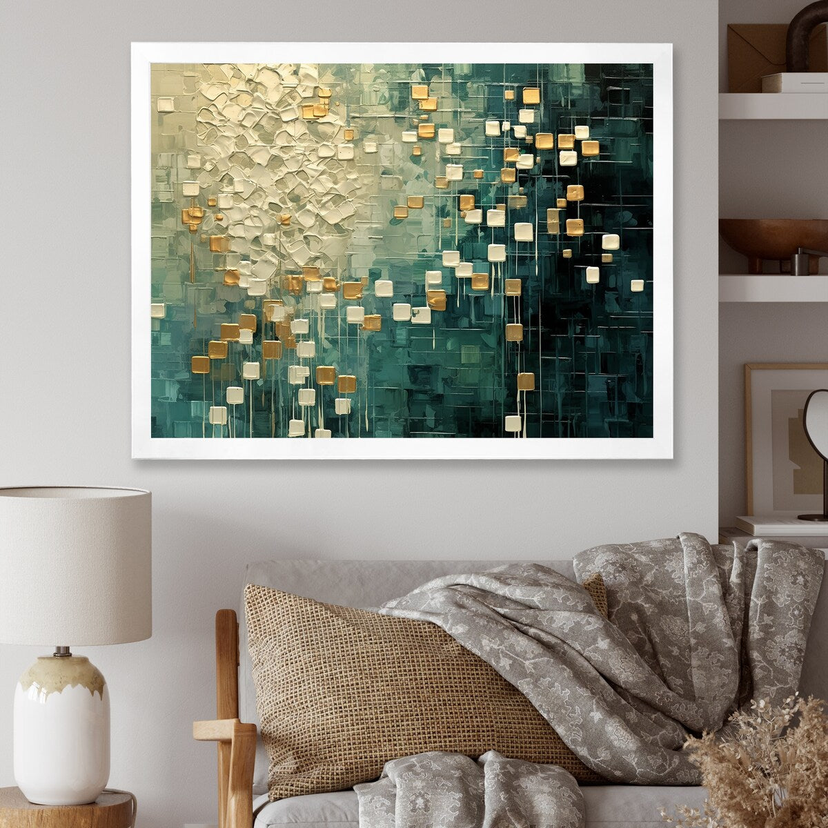 Designart "Rebirth Retro Abstract In VIntage Gold Blue I" Abstract Painting Framed Wall Art Prints