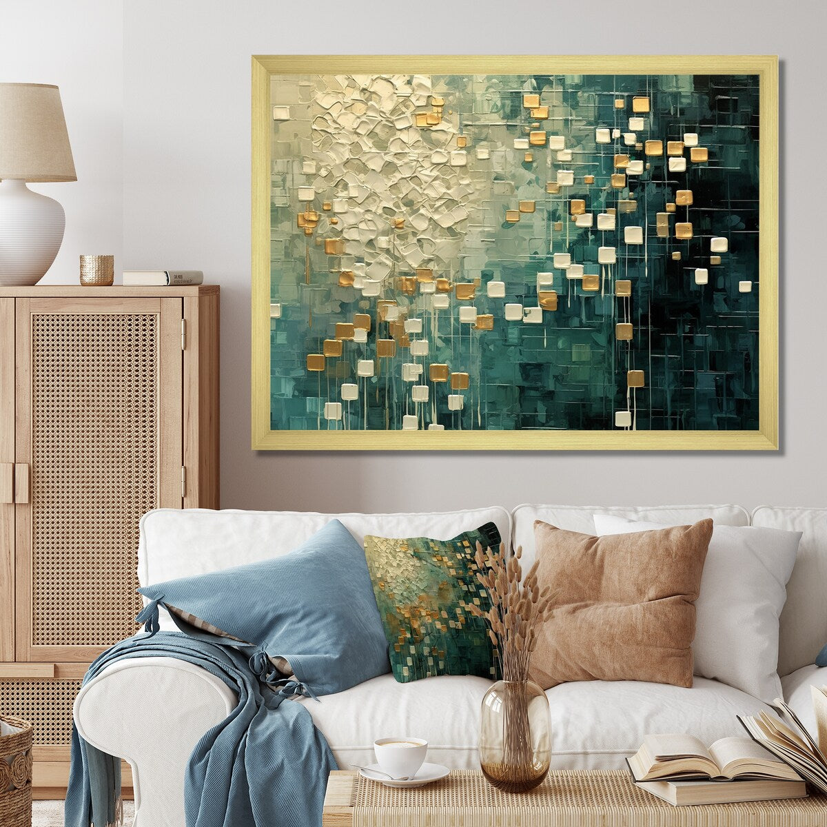 Designart "Rebirth Retro Abstract In VIntage Gold Blue I" Abstract Painting Framed Wall Art Prints