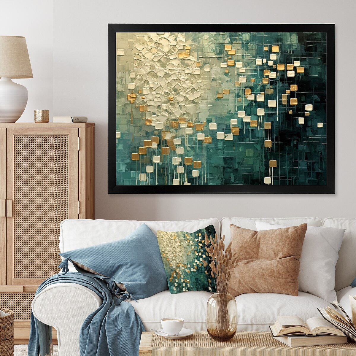 Designart "Rebirth Retro Abstract In VIntage Gold Blue I" Abstract Painting Framed Wall Art Prints