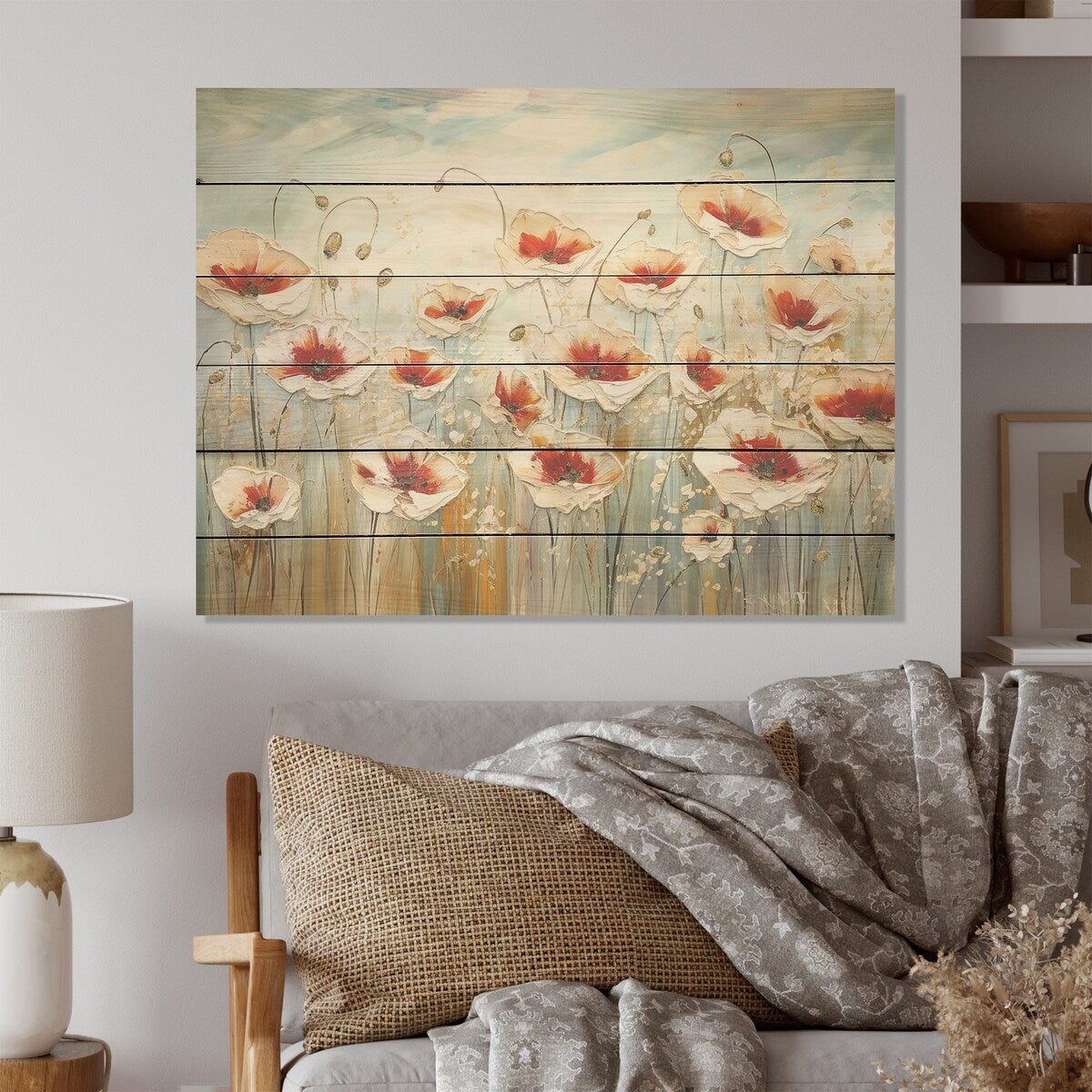 Designart "Red And Grey Poppies Field" Poppies Wood Wall Decor - Traditional Red Wood Panel On Natural Pine Wood