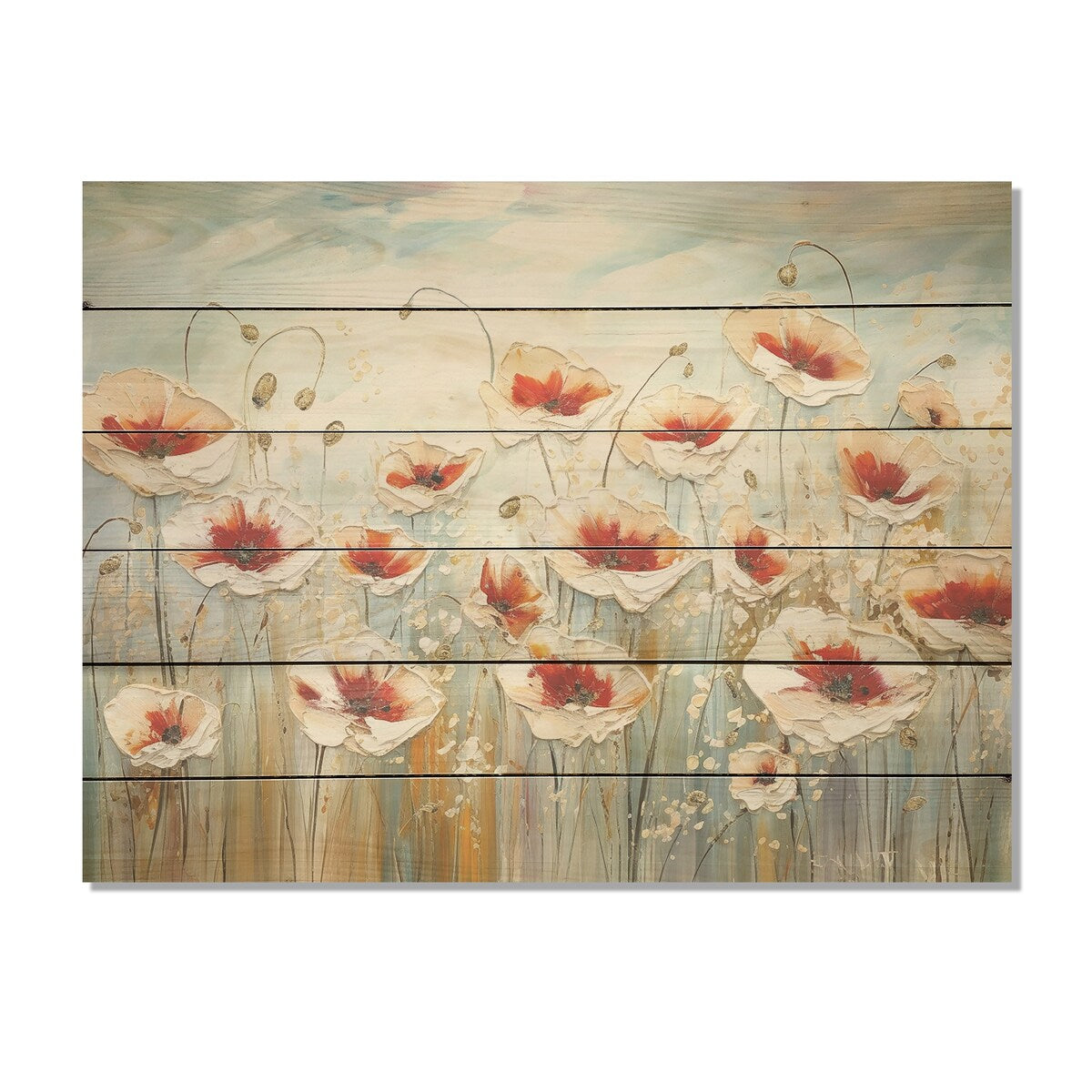 Designart "Red And Grey Poppies Field" Poppies Wood Wall Decor - Traditional Red Wood Panel On Natural Pine Wood