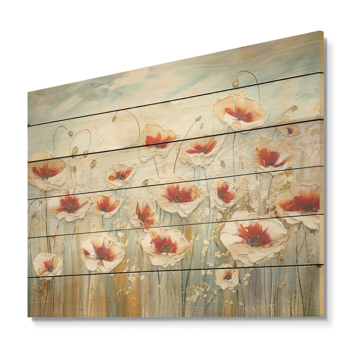Designart "Red And Grey Poppies Field" Poppies Wood Wall Decor - Traditional Red Wood Panel On Natural Pine Wood