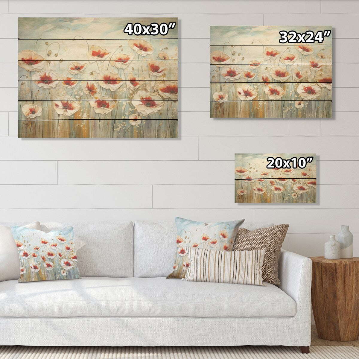 Designart "Red And Grey Poppies Field" Poppies Wood Wall Decor - Traditional Red Wood Panel On Natural Pine Wood